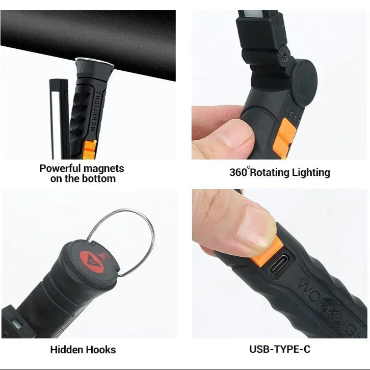 Hordozható COB LED Munkalámpa – USB Tölthető, Mágneses Talppal és Akasztóval - bömös.hu