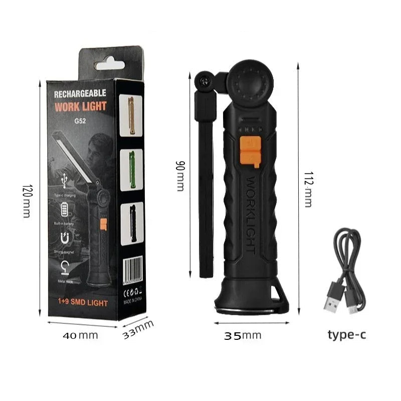 Hordozható COB LED Munkalámpa – USB Tölthető, Mágneses Talppal és Akasztóval - bömös.hu